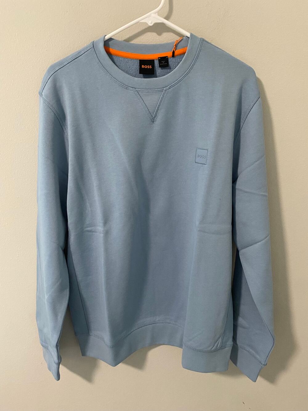 New Hugo BOSS  French Terry 100% Cotton Pullover Sweater, light blue Size Large